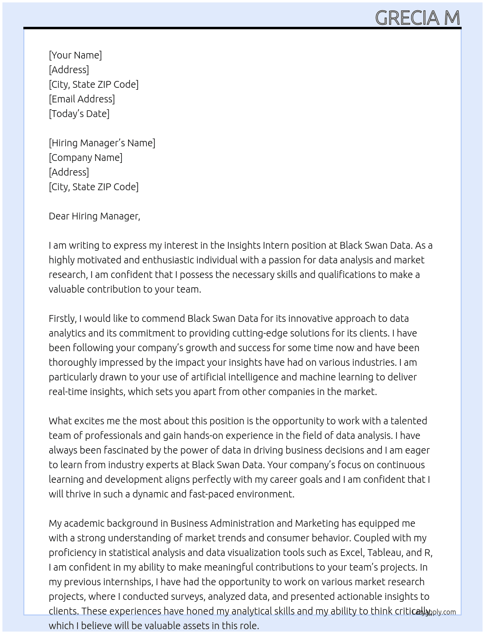 Insights Intern At Black Swan Data Cover Letter