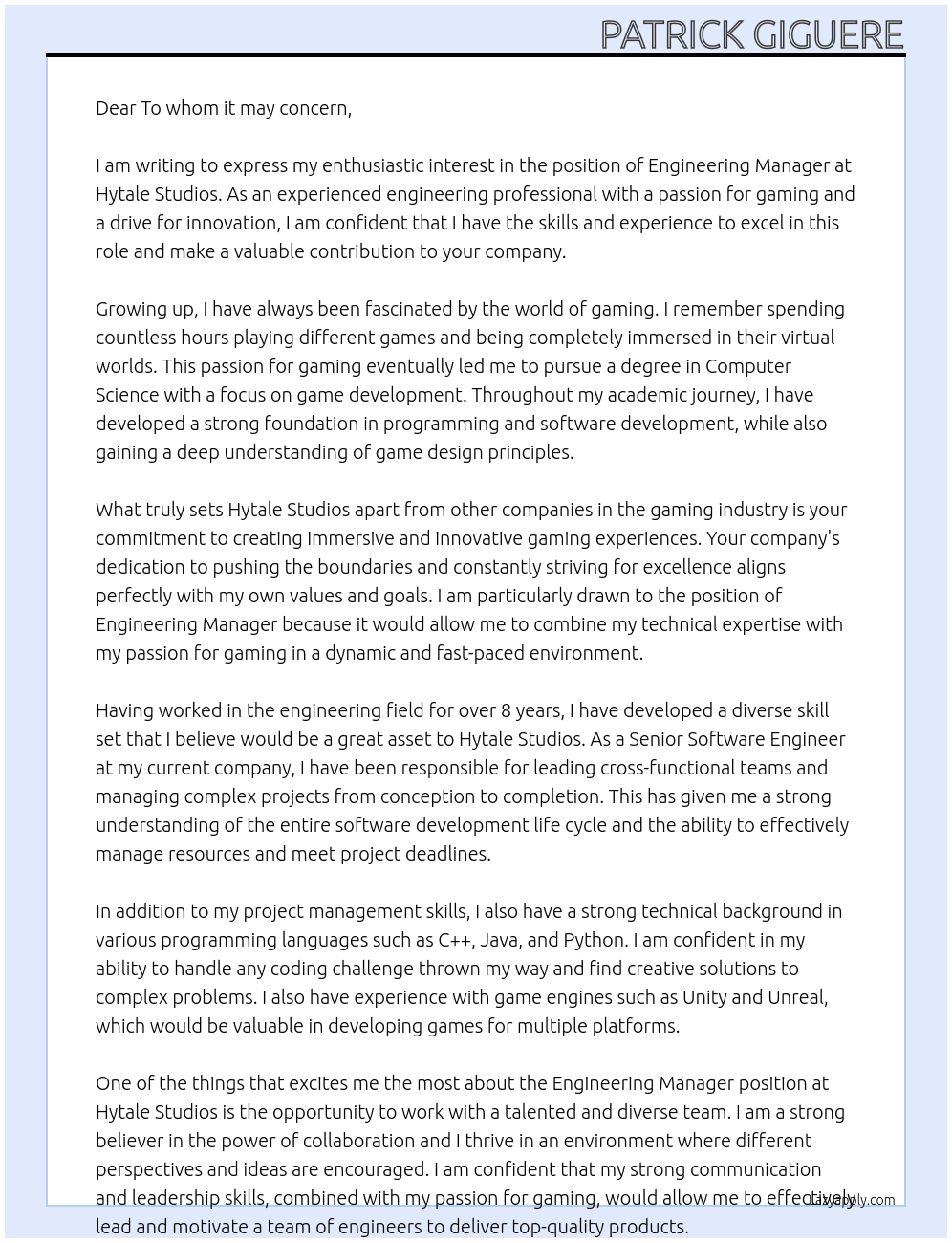 Engineering Manager At Hytale Studios Cover Letter
