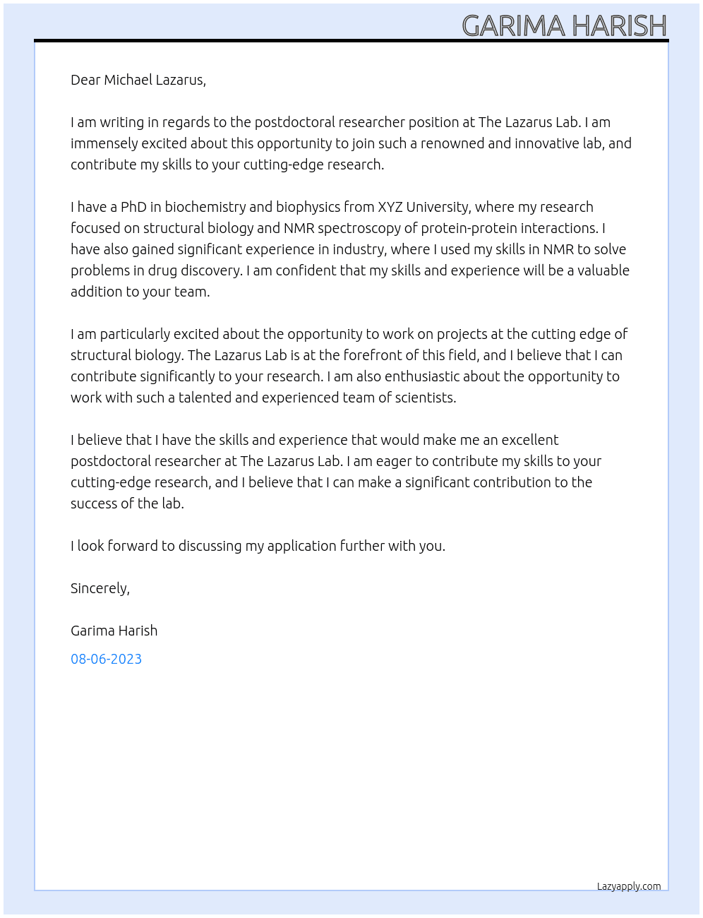 Postdoctoral Researcher At The Lazarus Lab Cover Letter