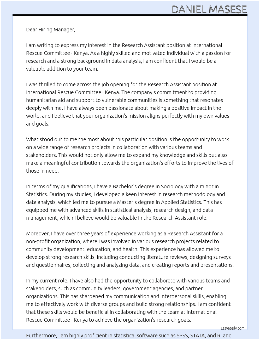 Research Assistant At International Rescue Committee · Kenya Cover Letter