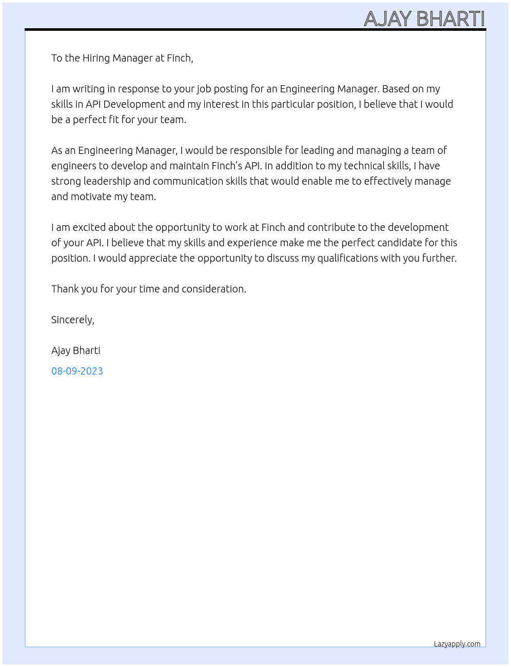 Engineering Manager At Finch Cover Letter