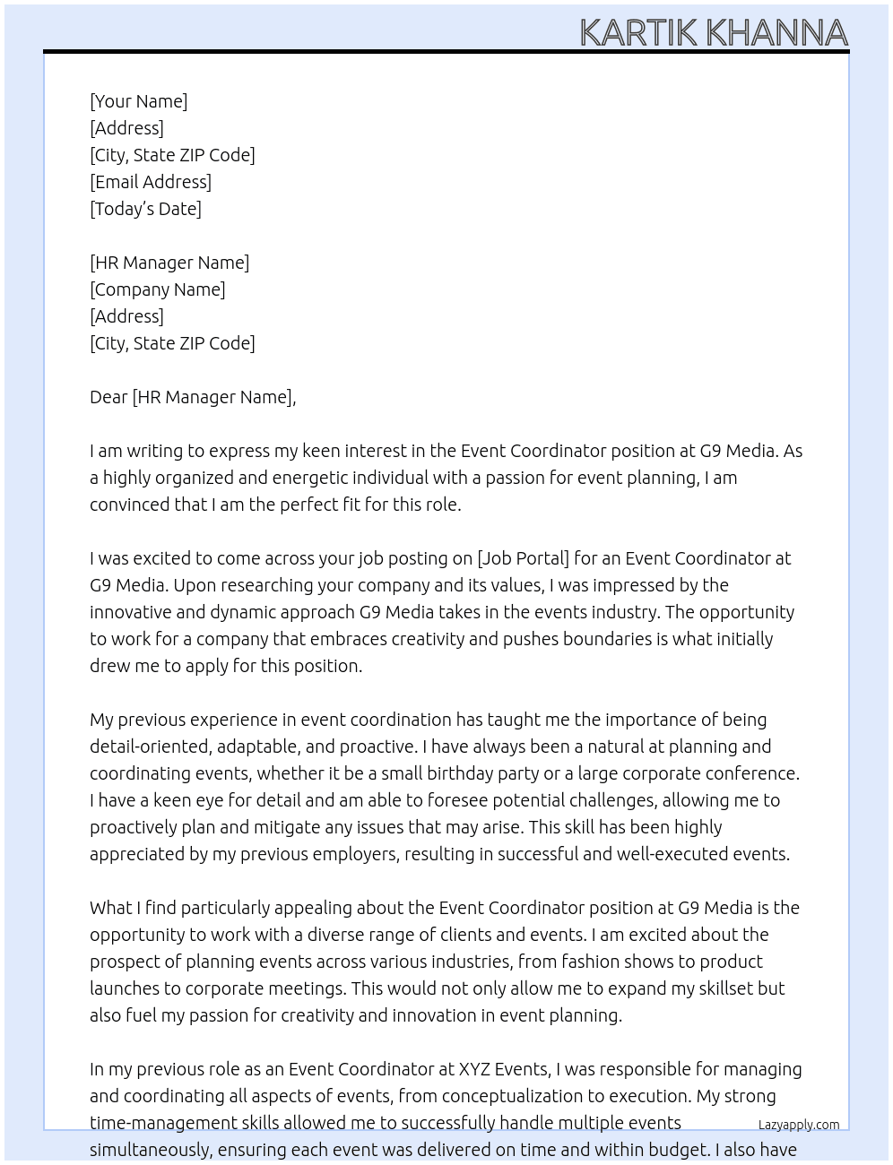 Event Cordinator At G9 media Cover Letter