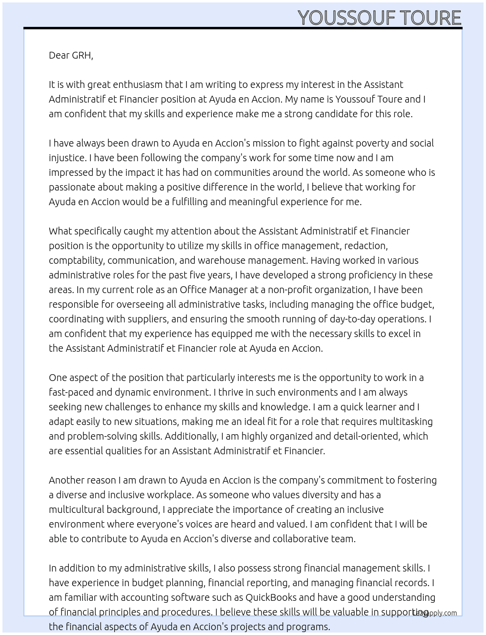 Assistant administratif et financier At Ayuda en accion Cover Letter