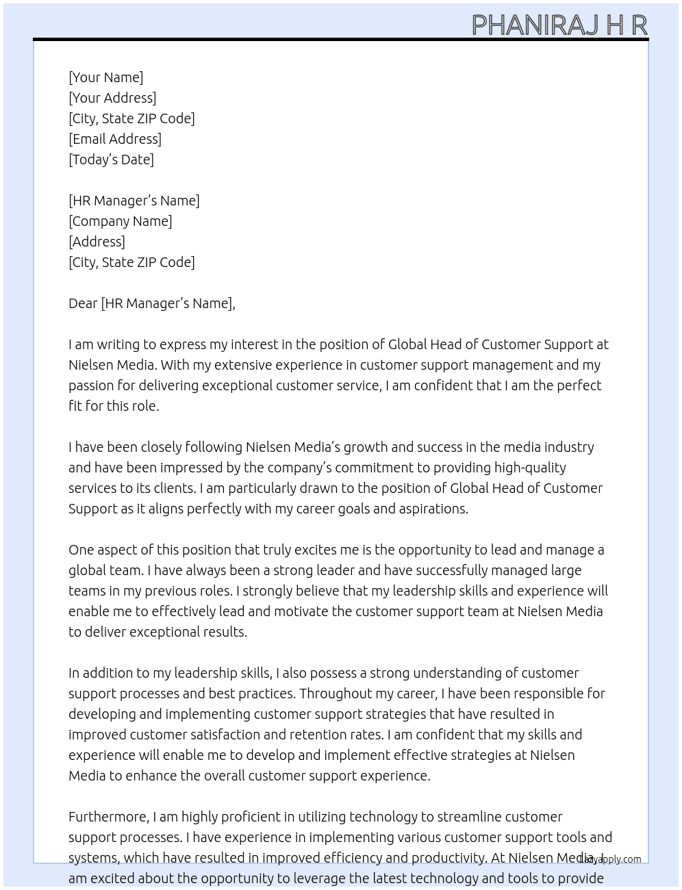 Global Head of Customer Support At Nielsen Media Cover Letter