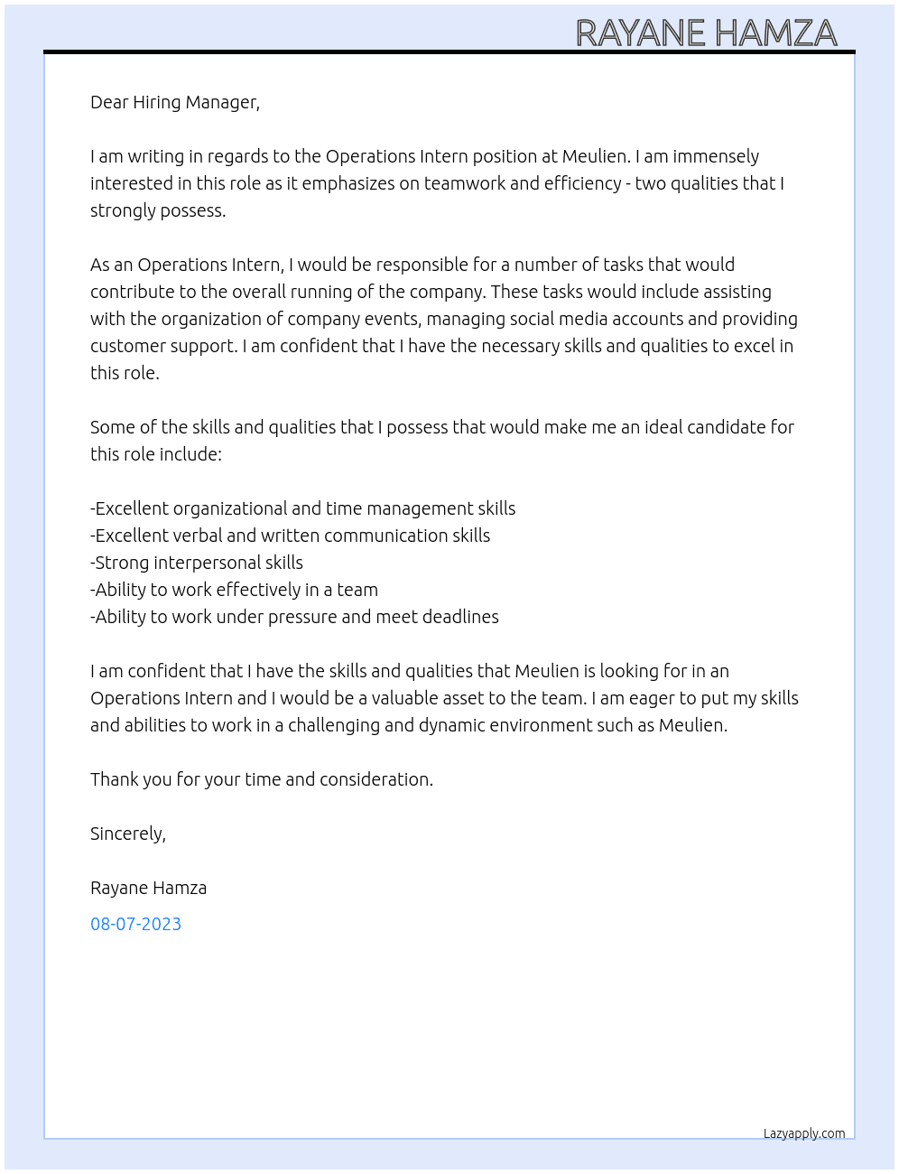 Operations Intern At Meulien Cover Letter