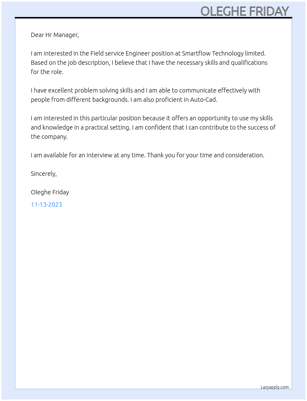 Field service Engineer  At Smartflow Technology limited. Cover Letter