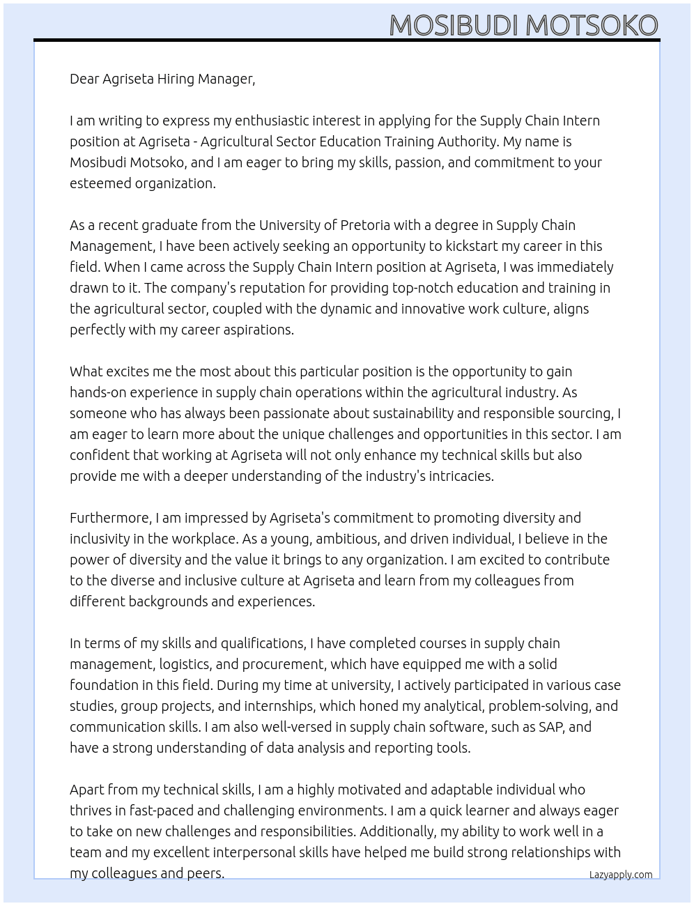 supply chain intern At  Agriseta - Agricultural Sector Education Training Authorit Cover Letter