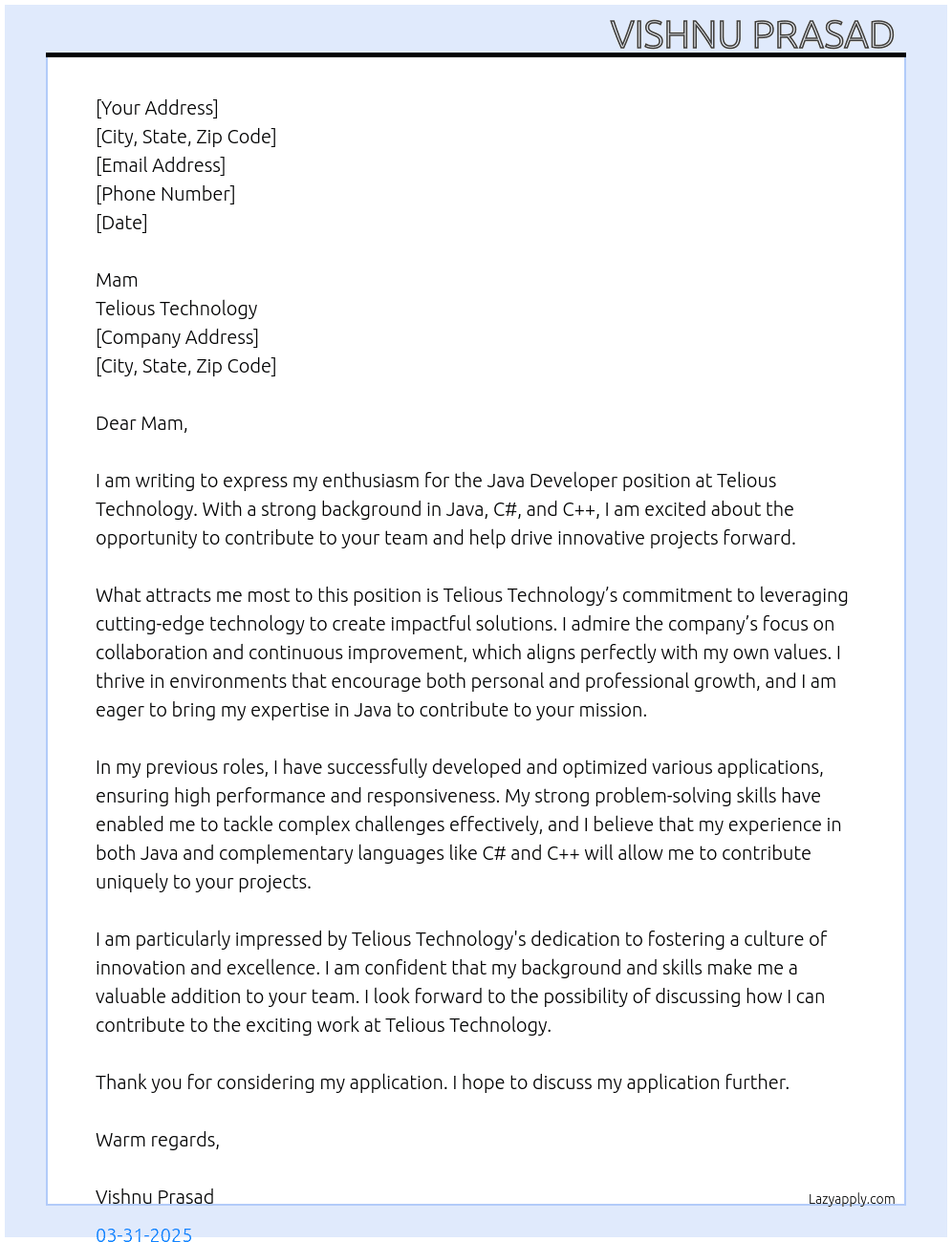 Java developer  At Telious technology  Cover Letter