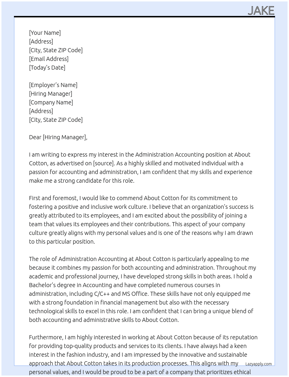 Administrarion accounting At about  cotton Cover Letter