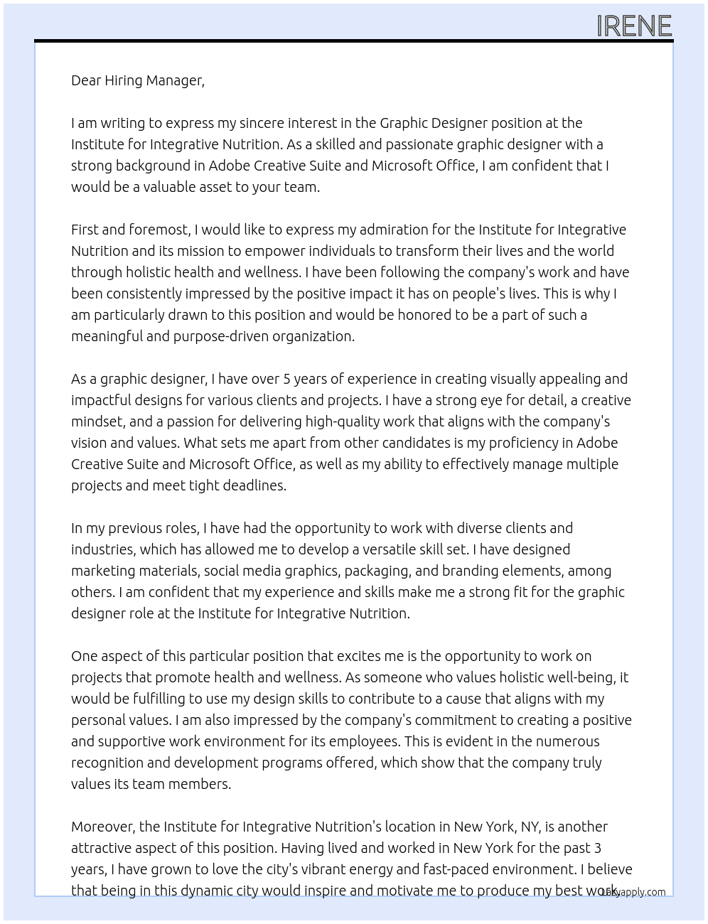 Graphic Designer At Institute for Integrative Nutrition Cover Letter