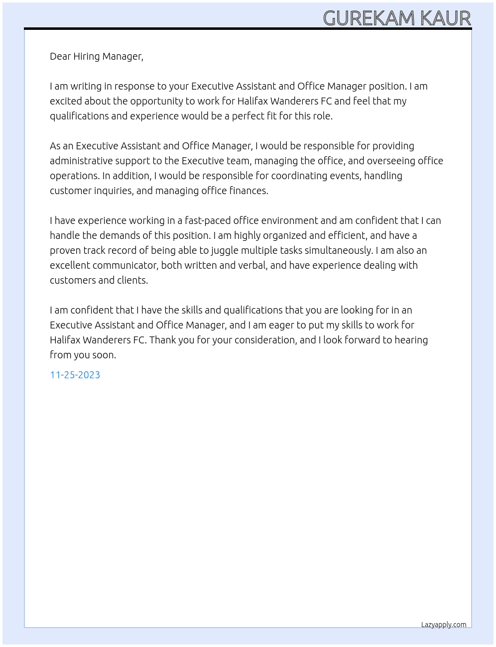 Executive Assistant and Office Manager At Halifax Wanderers FC Cover Letter