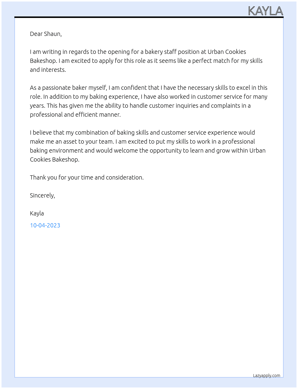 bakery staff At Urban Cookies Bakeshop Cover Letter