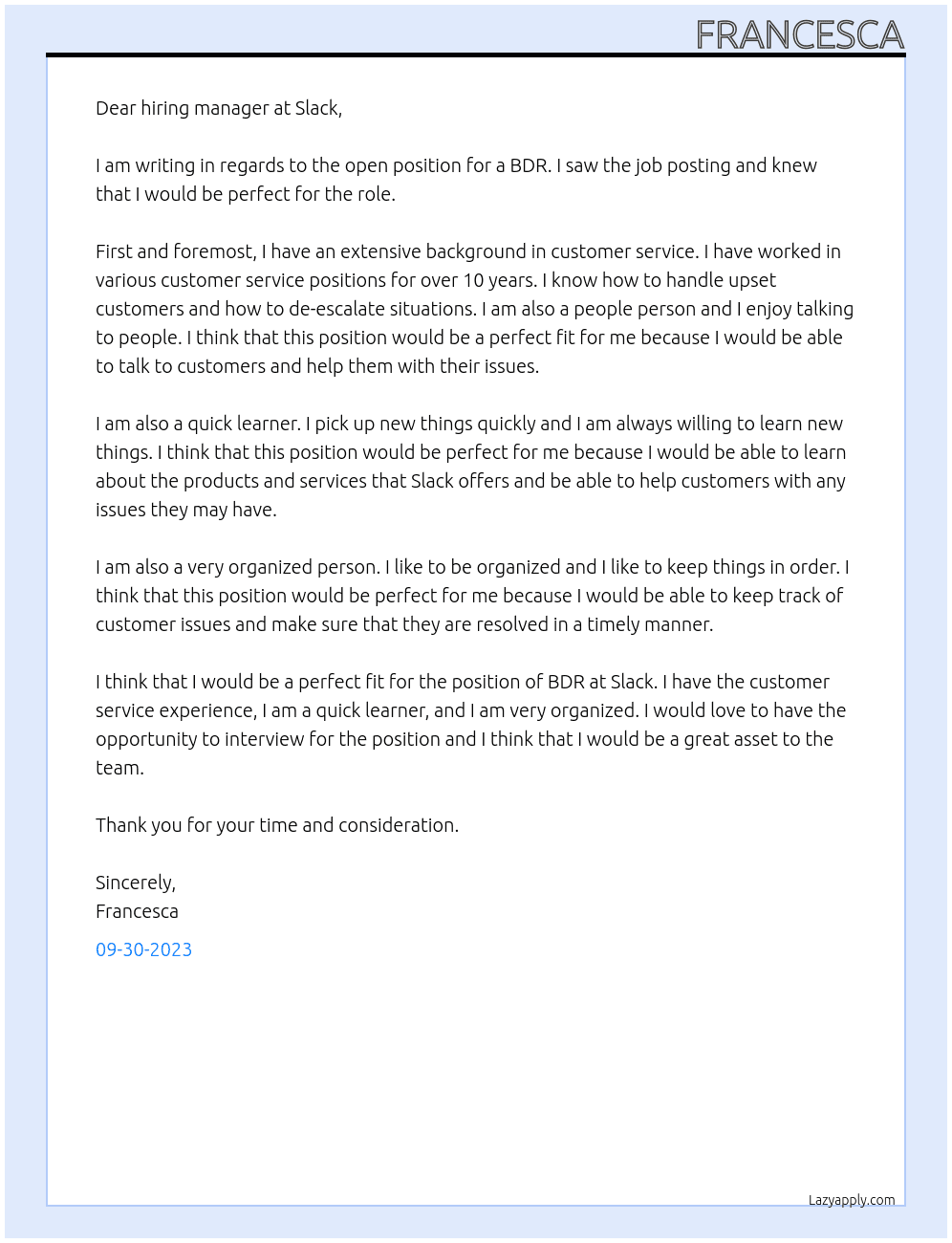 BDR At Slack Cover Letter