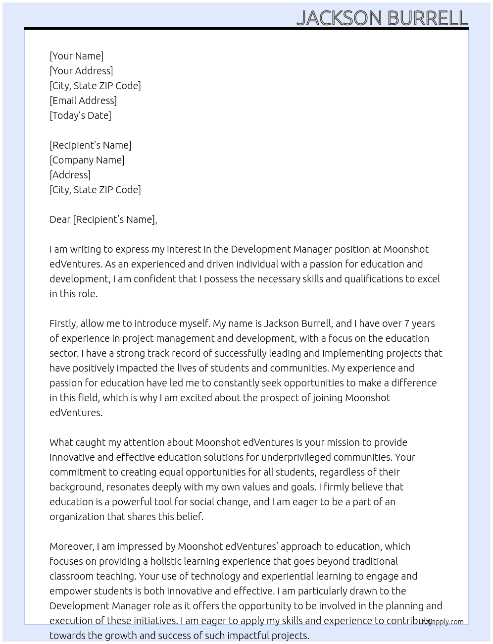 Development Manager  At Moonshot edVentures  Cover Letter
