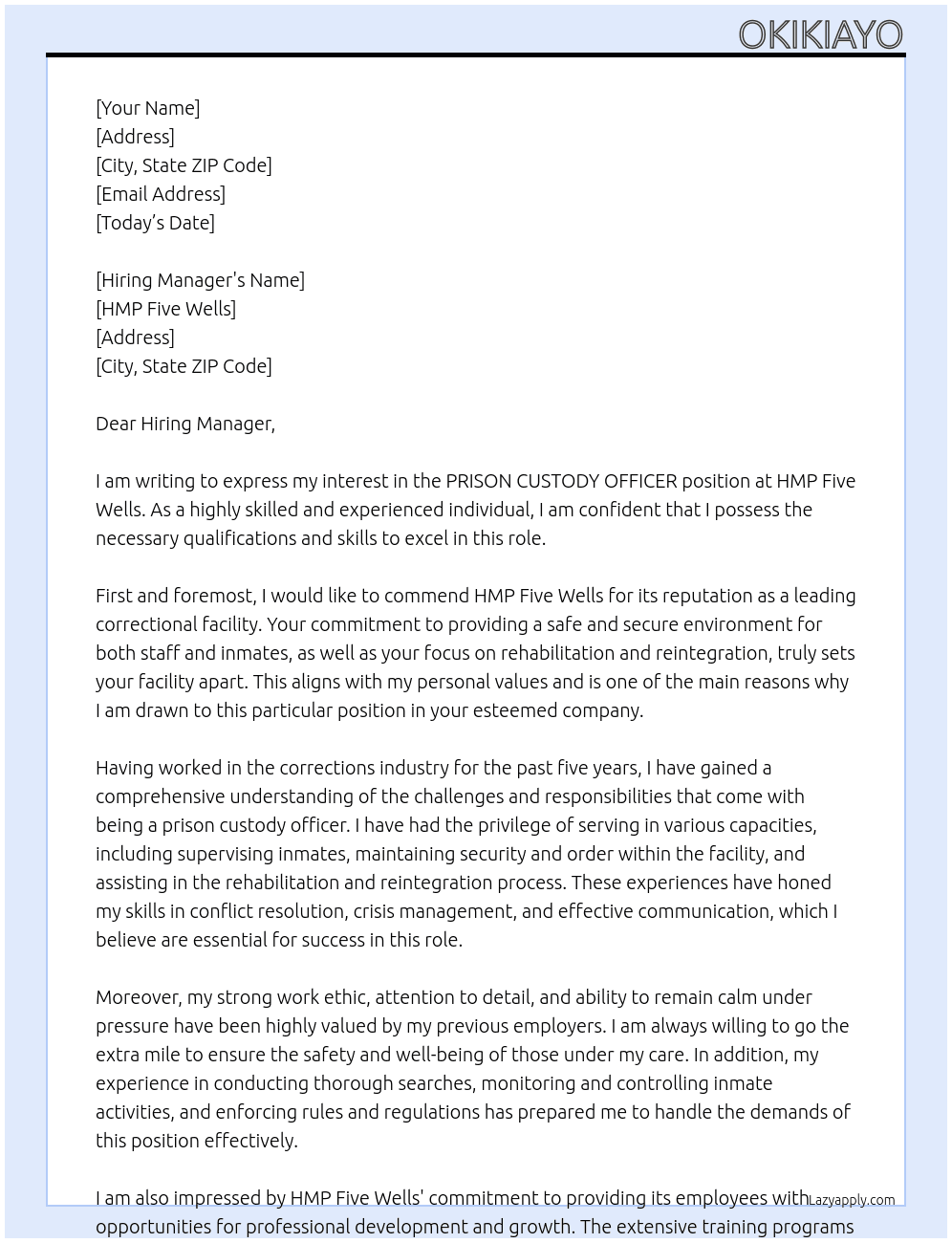 PRISON CUSTODY OFFICER At HMP FIVE WELLS Cover Letter