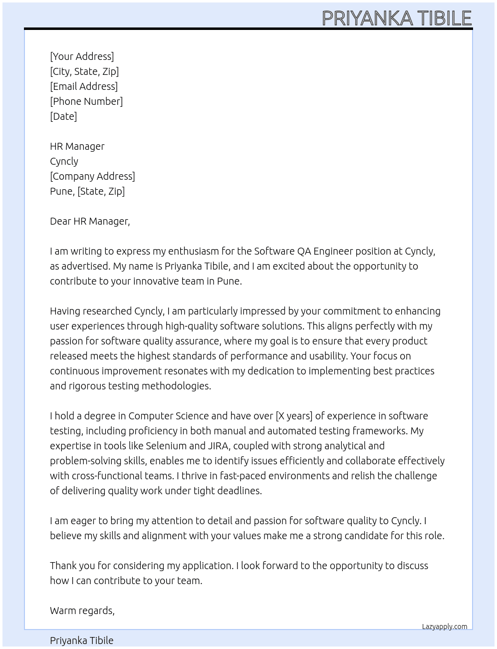 Software QA Engineer At Cyncly Cover Letter