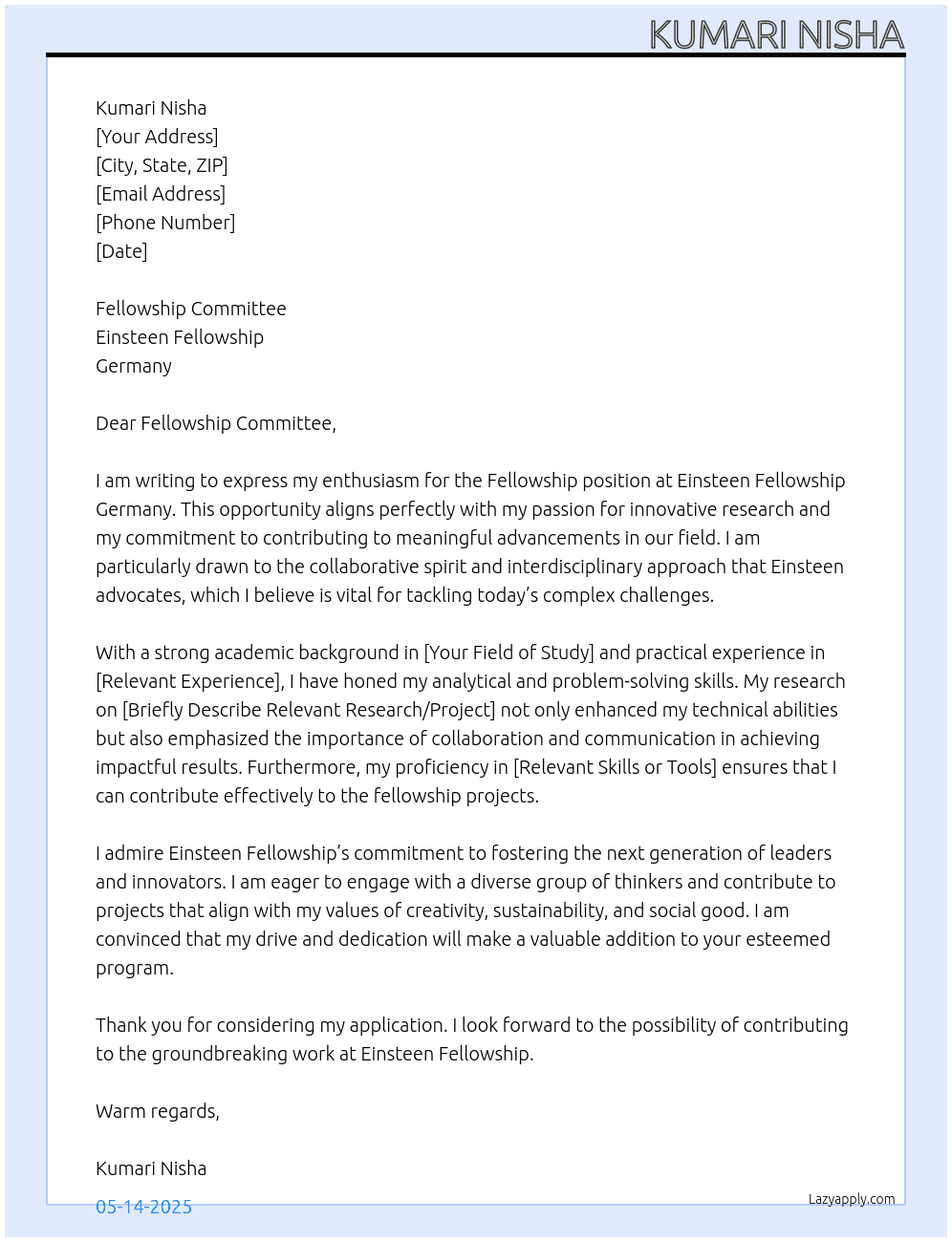 Cover letter for fellowship - LazyApply