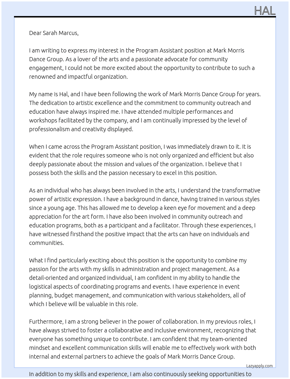 Program Assistant At Mark Morris Dance Group Cover Letter