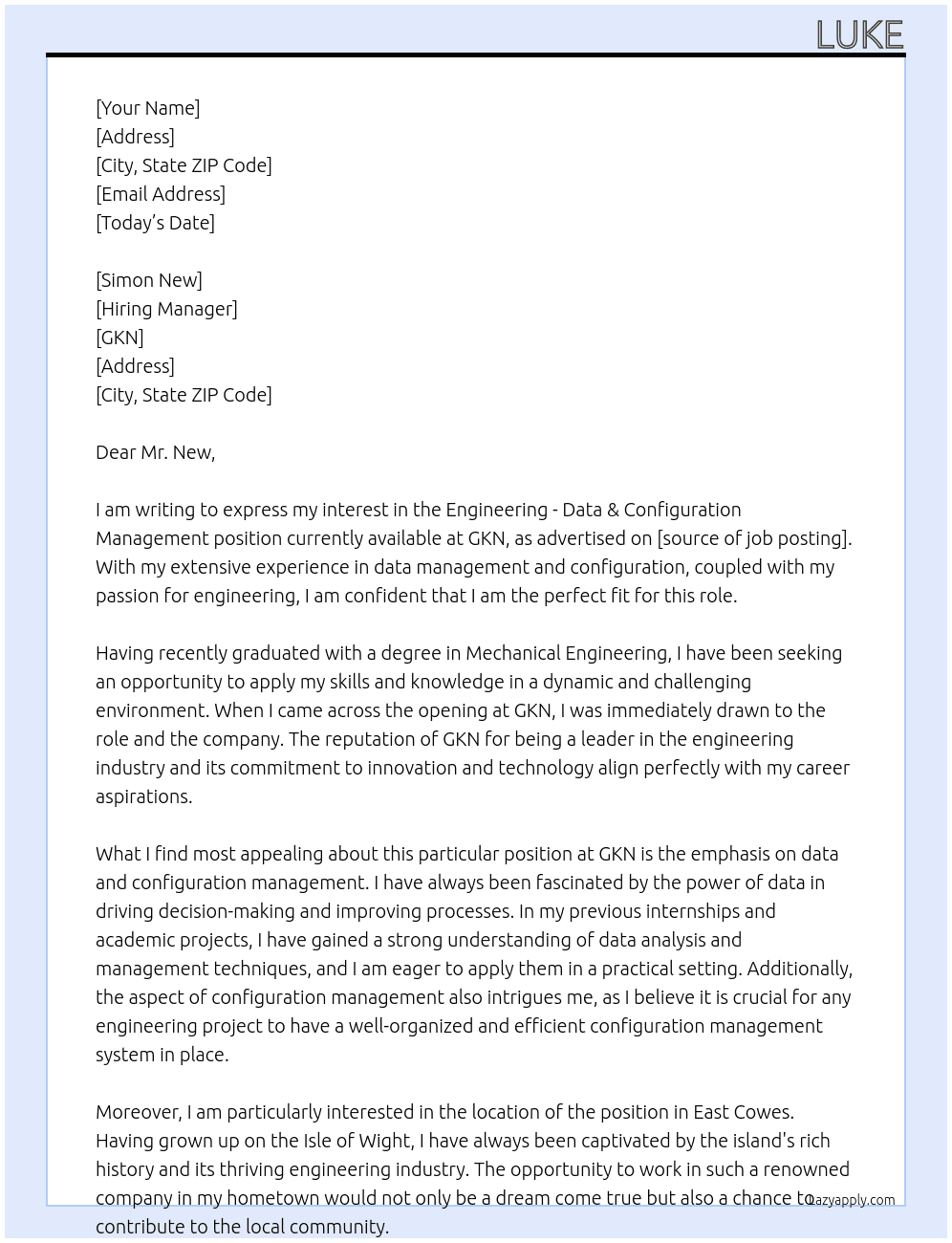 Engineering - Data & Configuration Management At GKN  Cover Letter