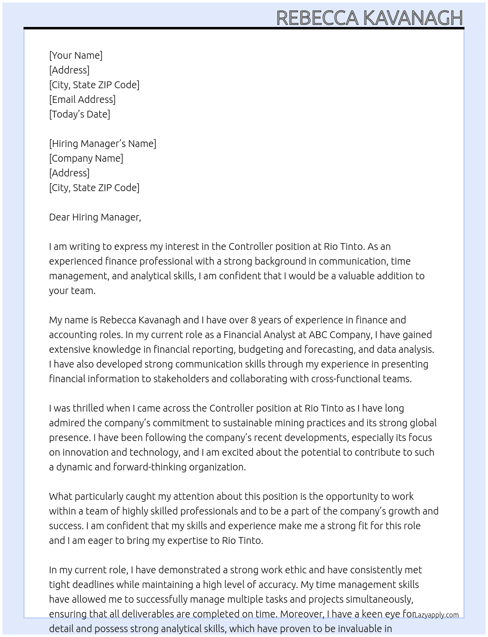 Controller At Rio tinto Cover Letter