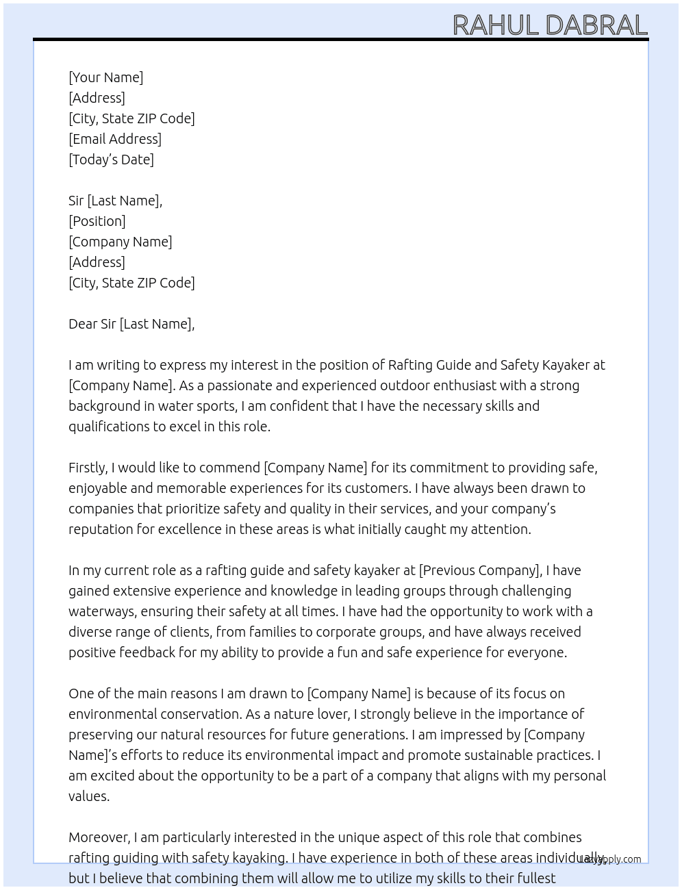 Cover letter for rafting guide and safety kayaker - LazyApply