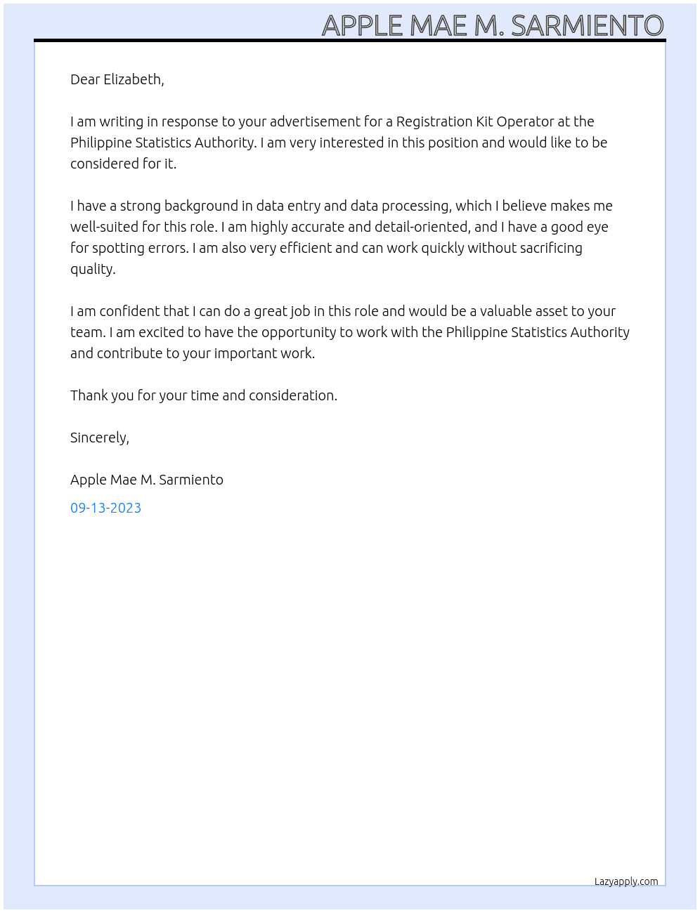 Registration Kit Operator At Philippine Statistic Authority Cover Letter