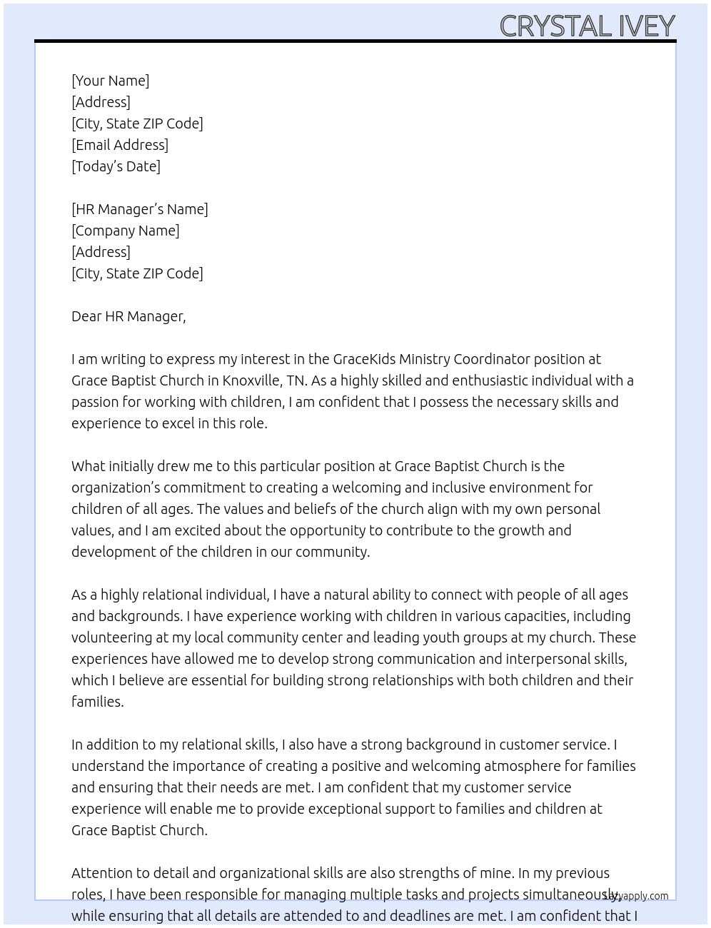 GraceKids Ministry Coordinator  At Grace Baptist Church Cover Letter