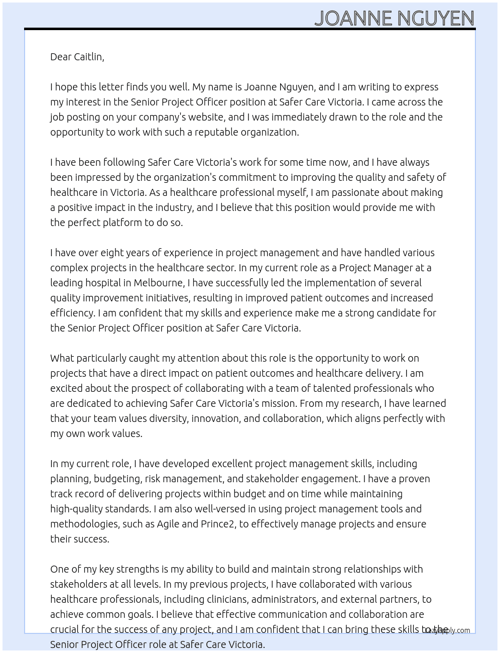 Senior Project Officer At Safer Care Victoria Cover Letter