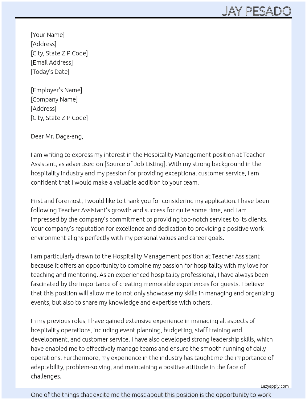 Hospitality Management  At Teacher Assistant  Cover Letter