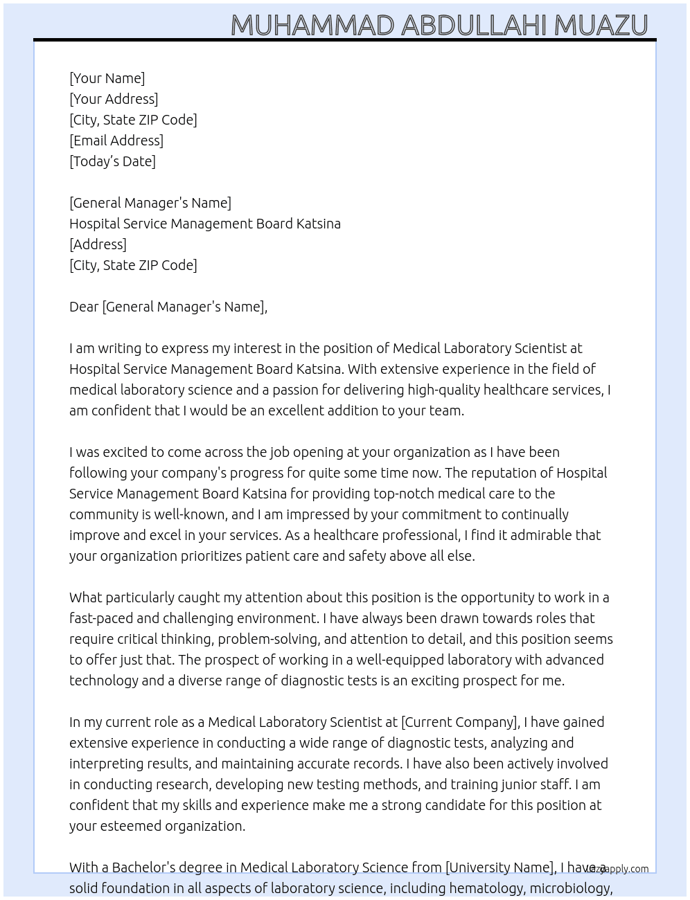 Medical Laboratory Scientist At Hospital Service Management Board Katsina  Cover Letter