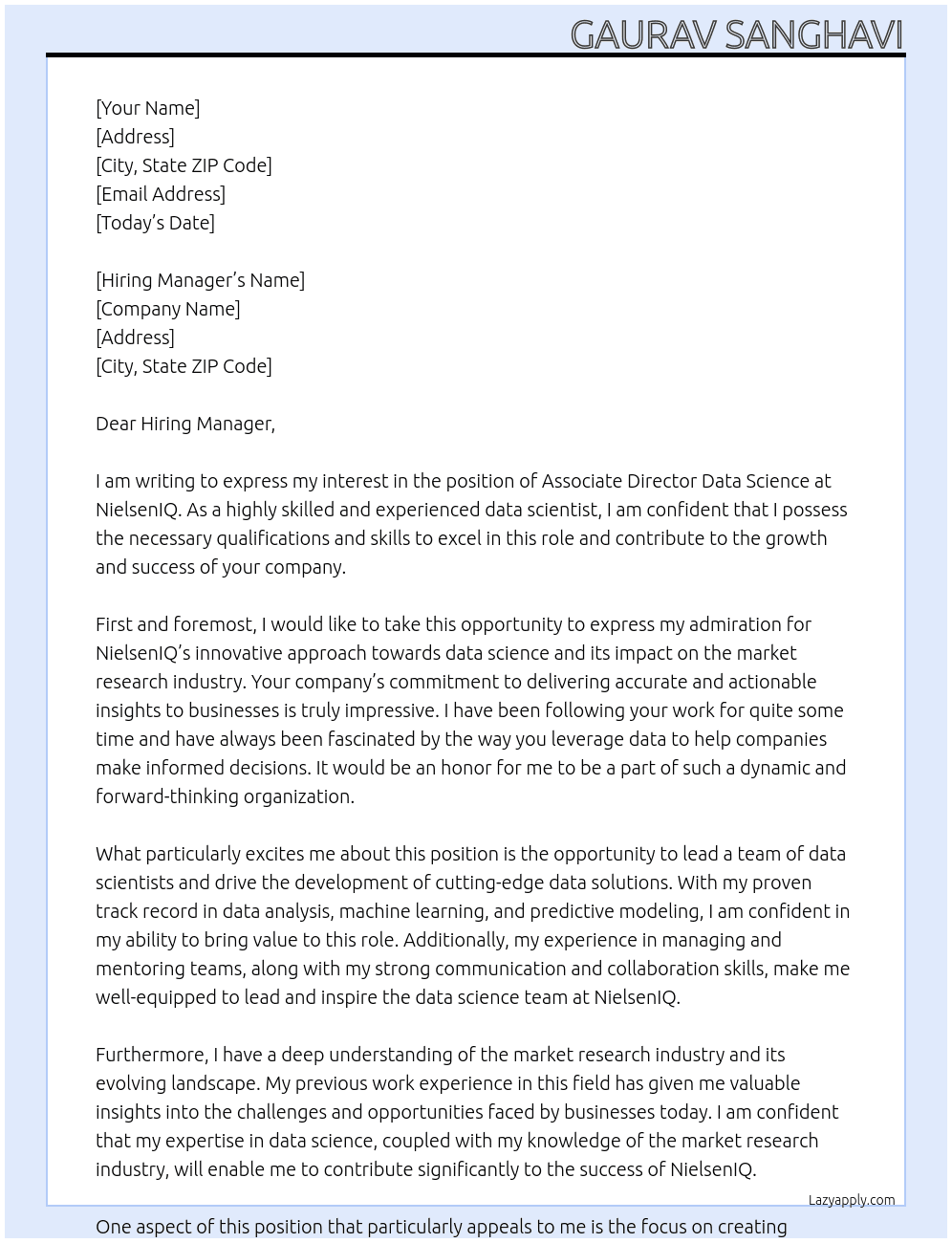 Associate Director Data Science At NielsenIQ Cover Letter