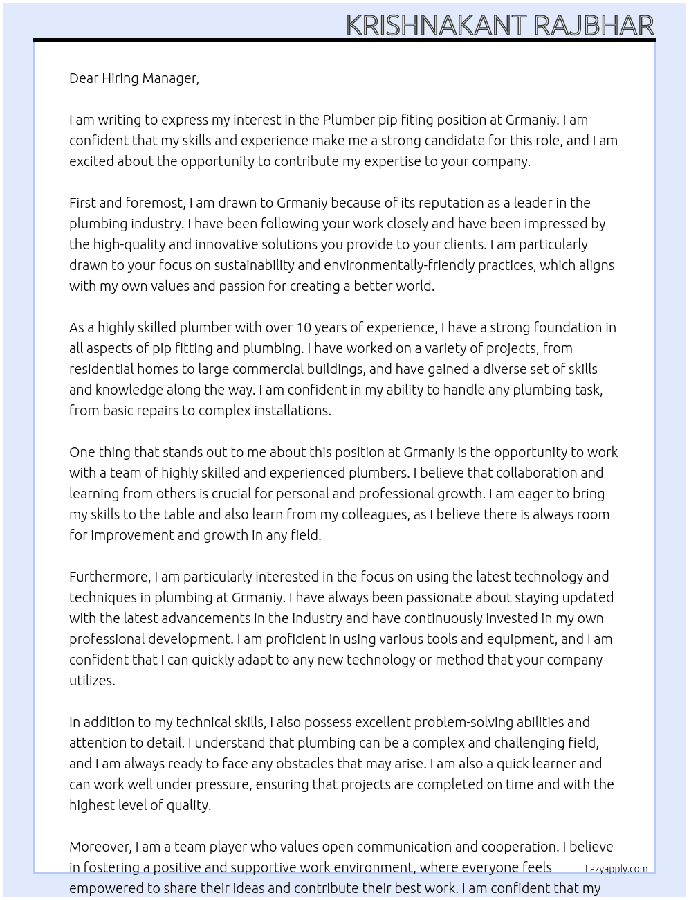 Plumber pip fiting  At Grmaniy Cover Letter