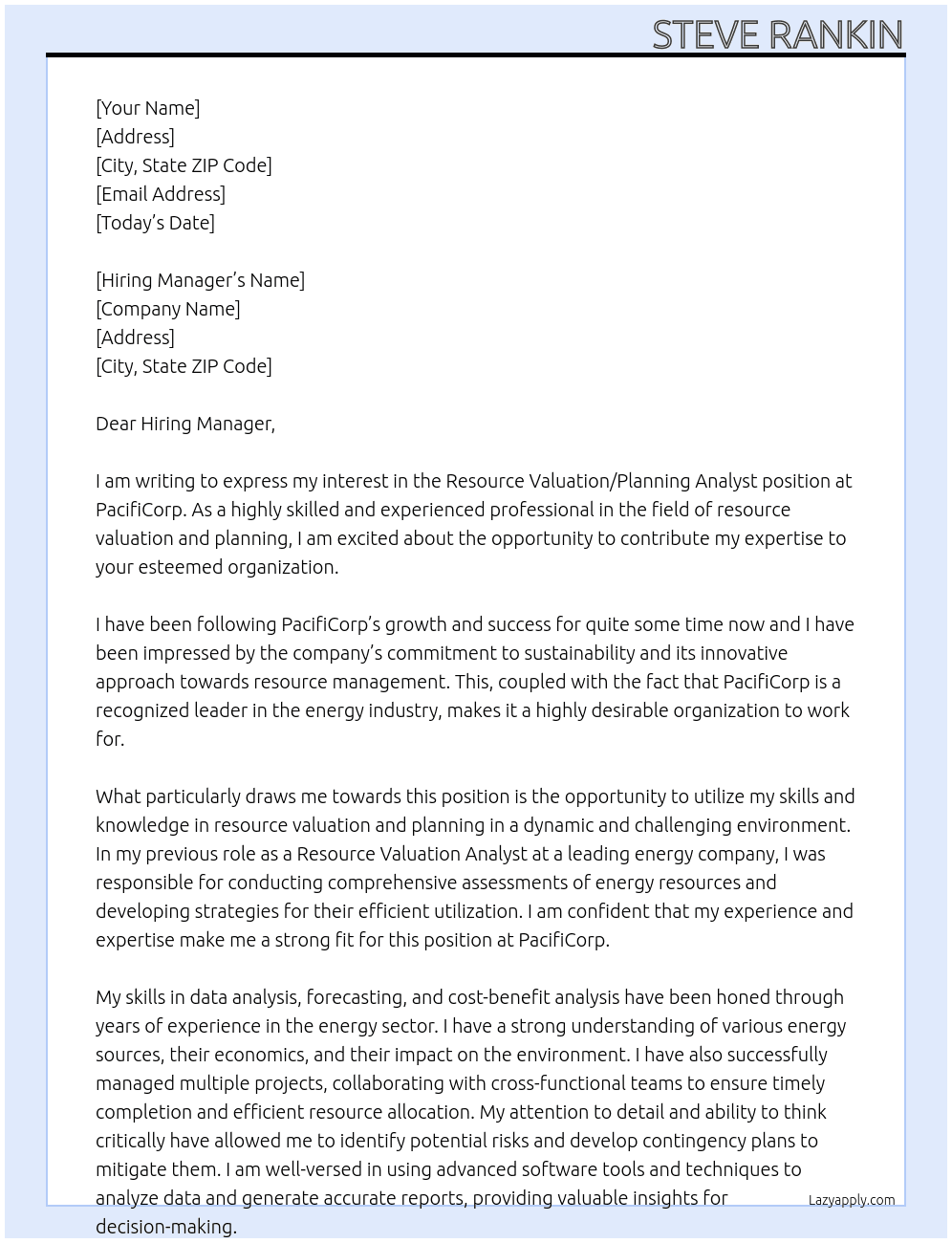 Resource Valuation/Planning Analyst  At PacifiCorp Cover Letter