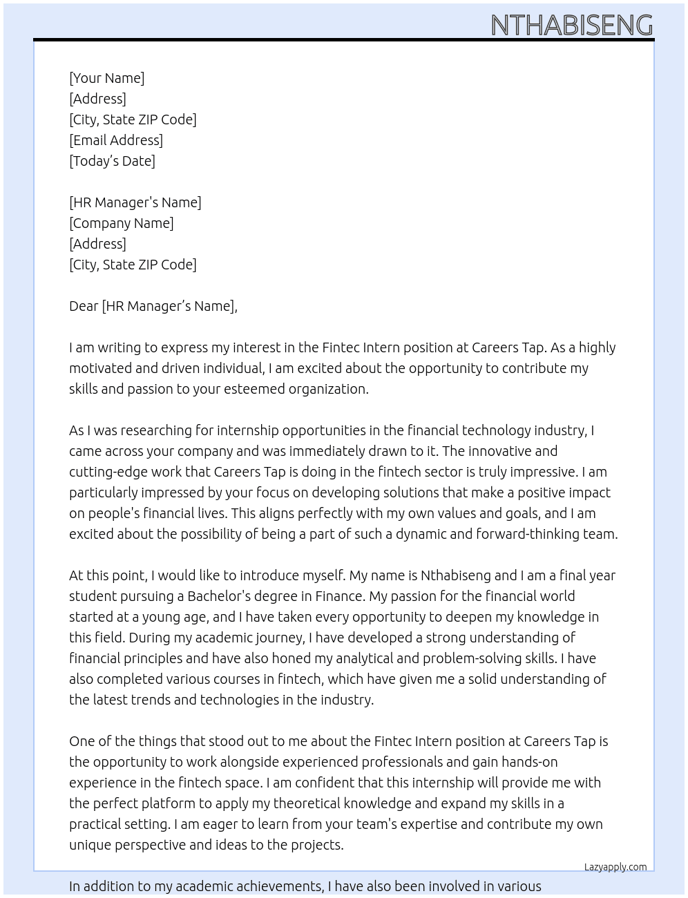 Fintec Intern At Careers Tap Cover Letter
