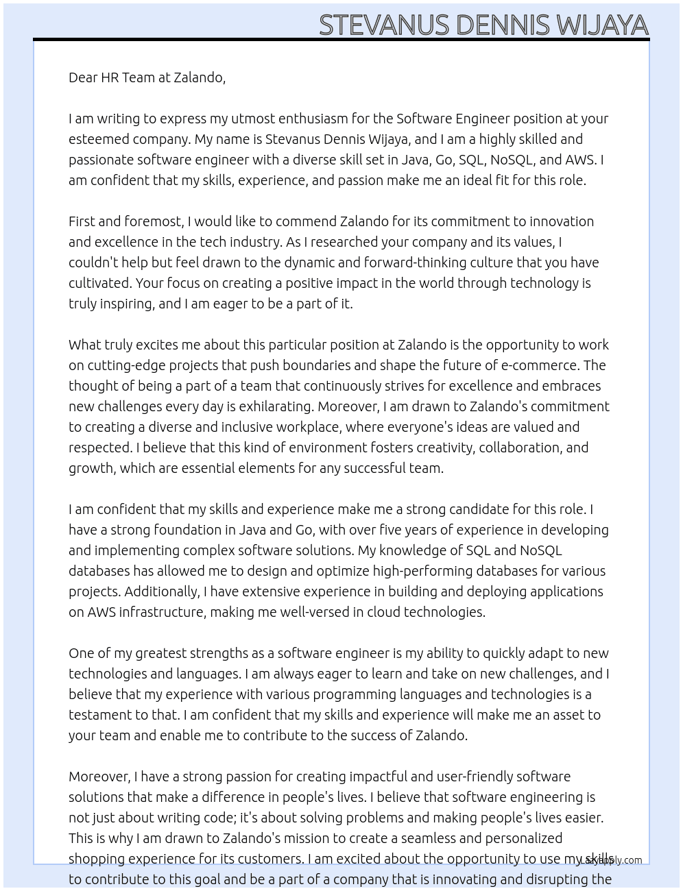 Software Engineer At Zalando Cover Letter