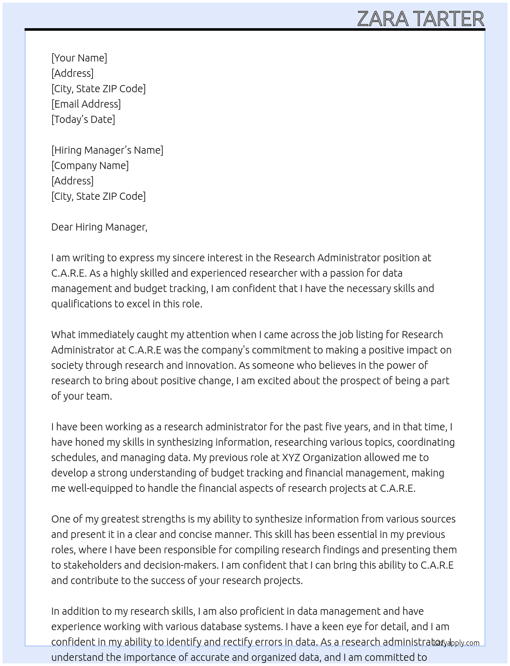 Research Administrator At C.A.R.E. Cover Letter