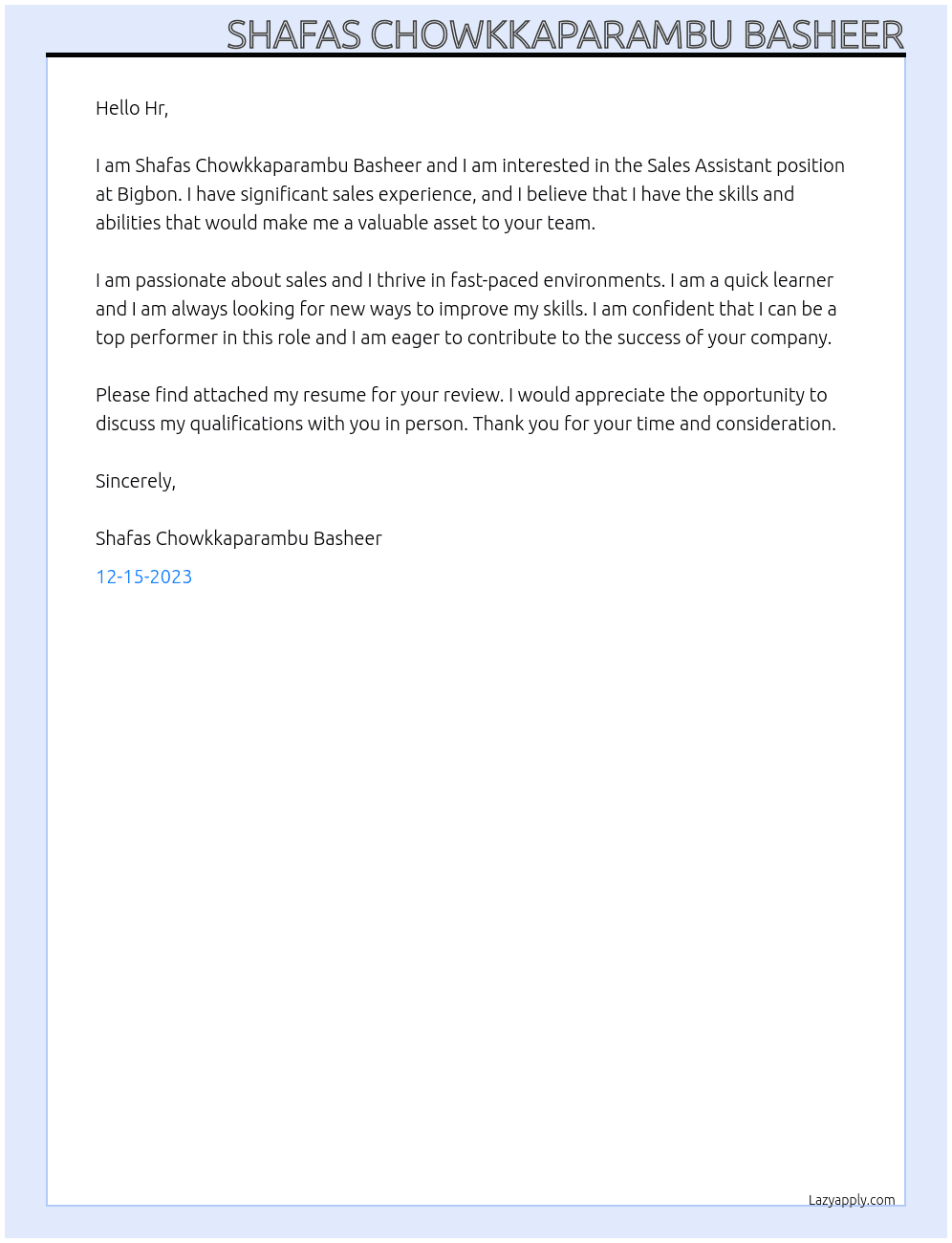 Sales Assistant At Bigbon Cover Letter
