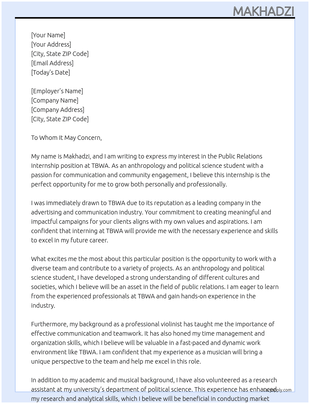 Public relation Internship  At TBWA Cover Letter