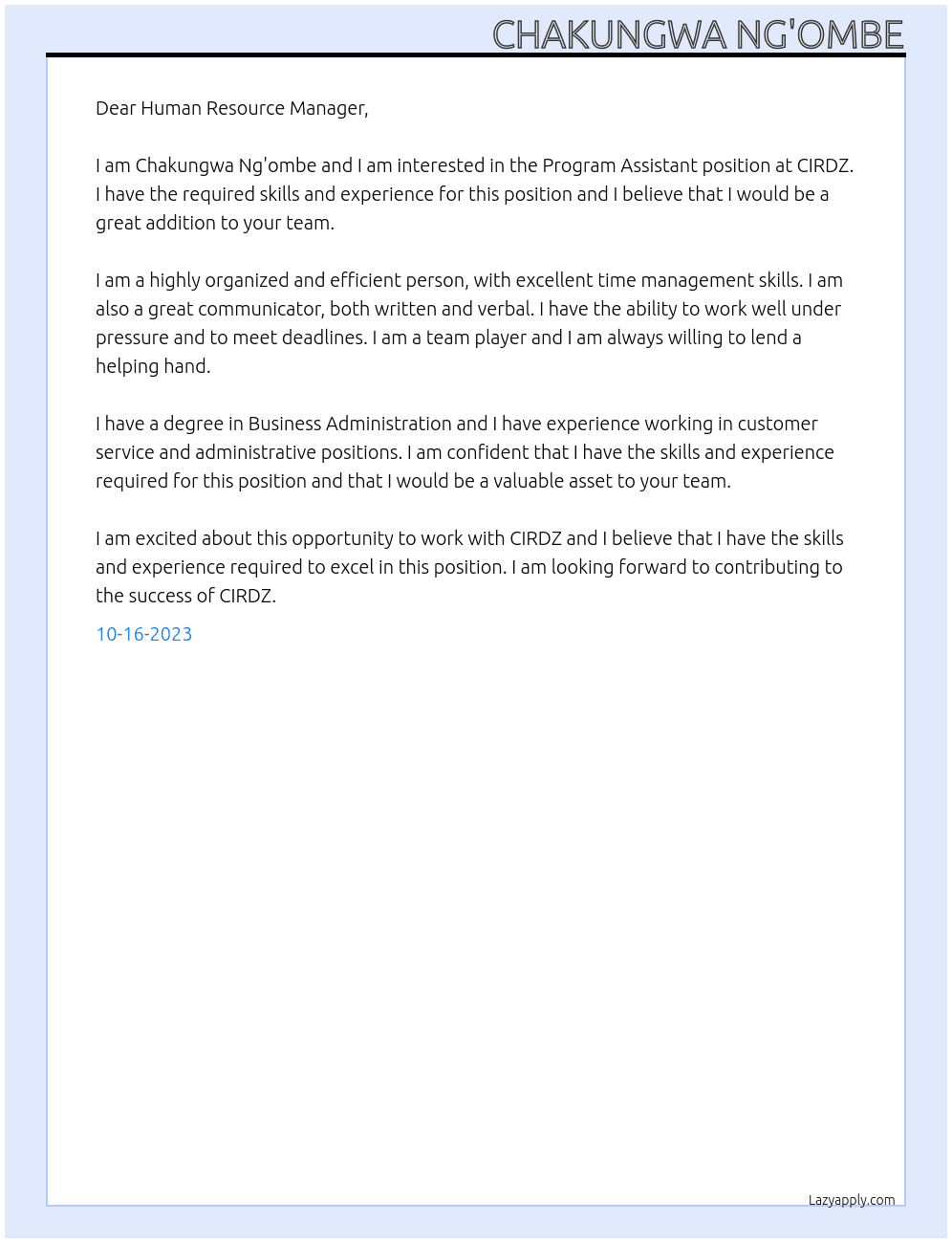 Program Assistant At CIRDZ Cover Letter