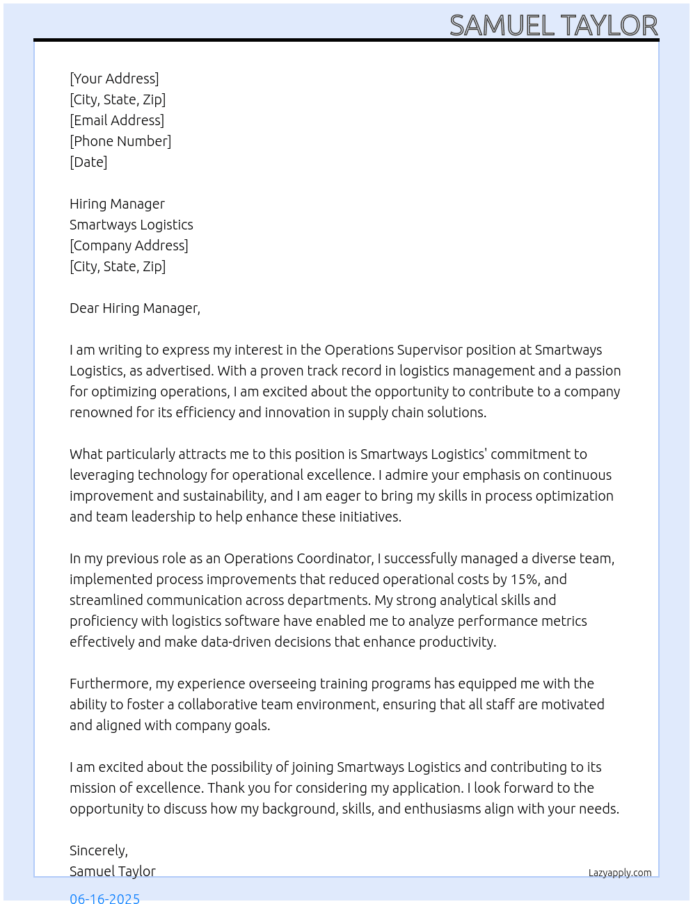 Operations Supervisor At Smartways Logistics Cover Letter