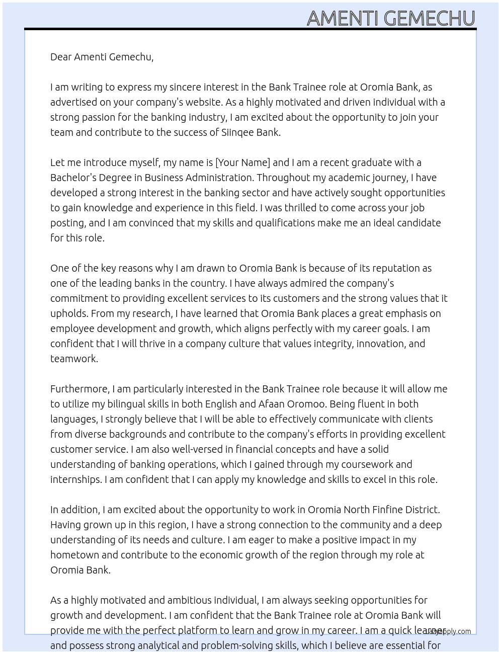 Siinqee bank At Oromia Bank Cover Letter