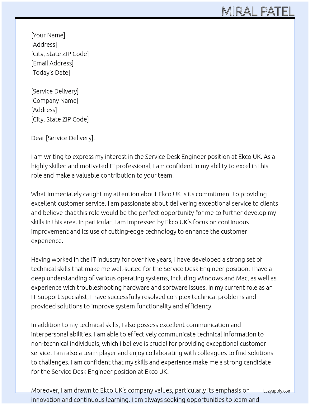 Service Desk Engineer At ekco uk Cover Letter