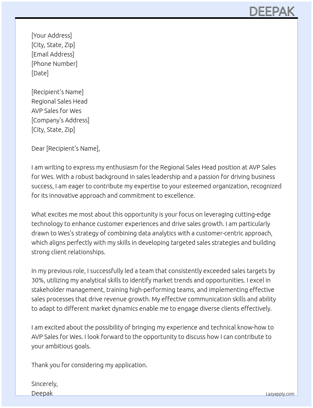 Seals  At AVP Sales for Wes Cover Letter
