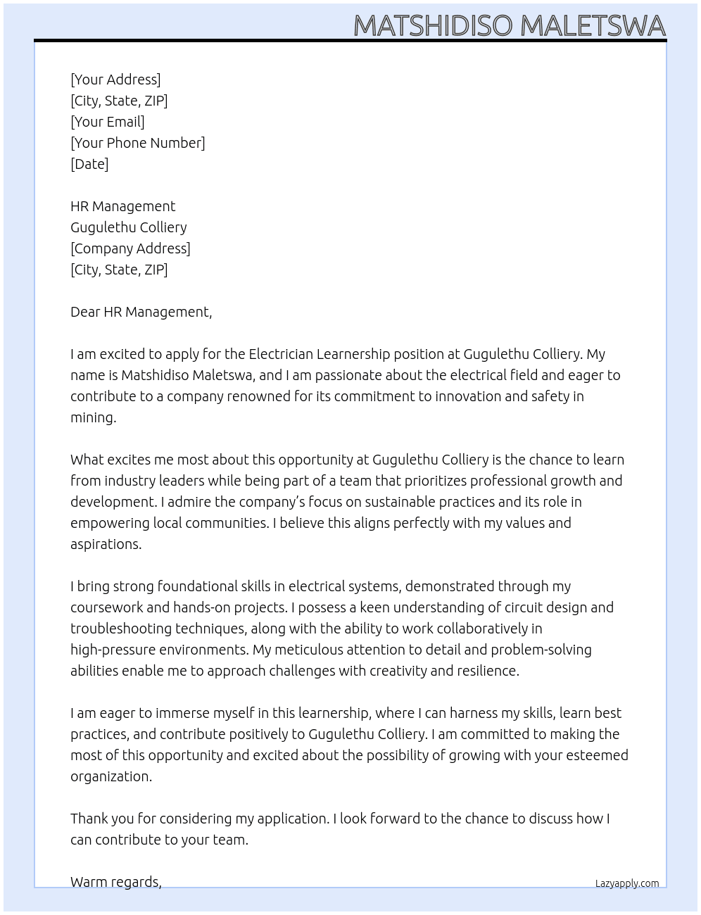 Electrician Learnership  At Gugulethu colliery Cover Letter