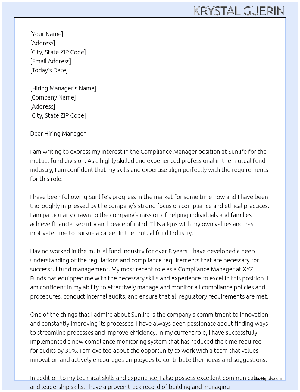 Compliance manager, Mutual Fund At Sunlife Cover Letter