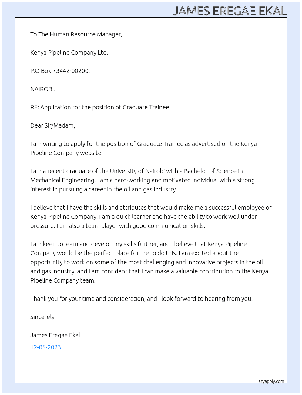 GRADUATE TRAINEE At KENYA PIPELINE COMPANY Cover Letter