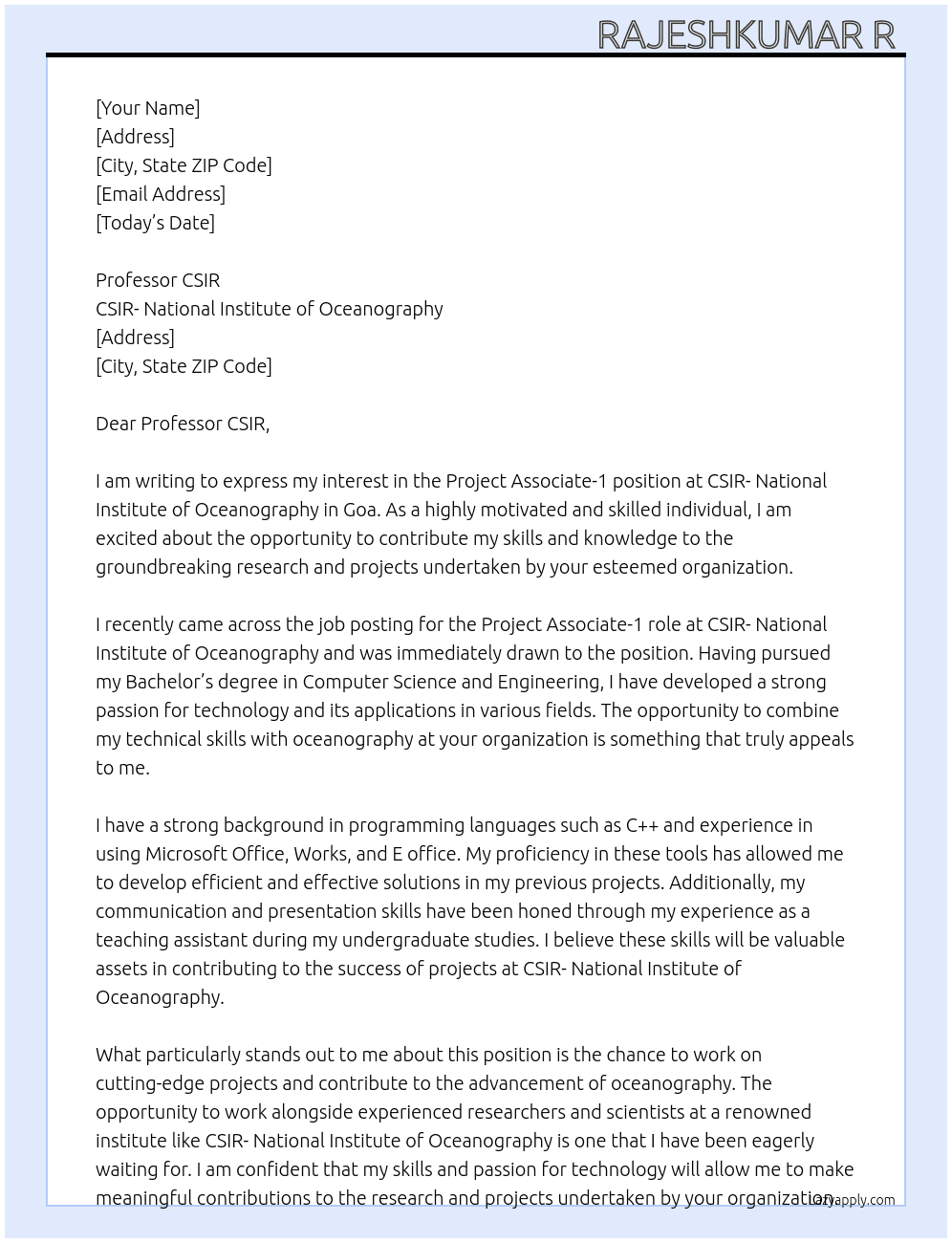 Project Associate -1 At CSIR- National Institute of Oceanography  Cover Letter