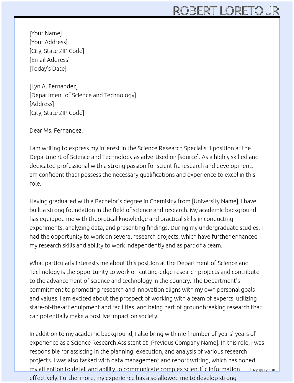 Science Research Specialist I At Department of Science and Technology Cover Letter