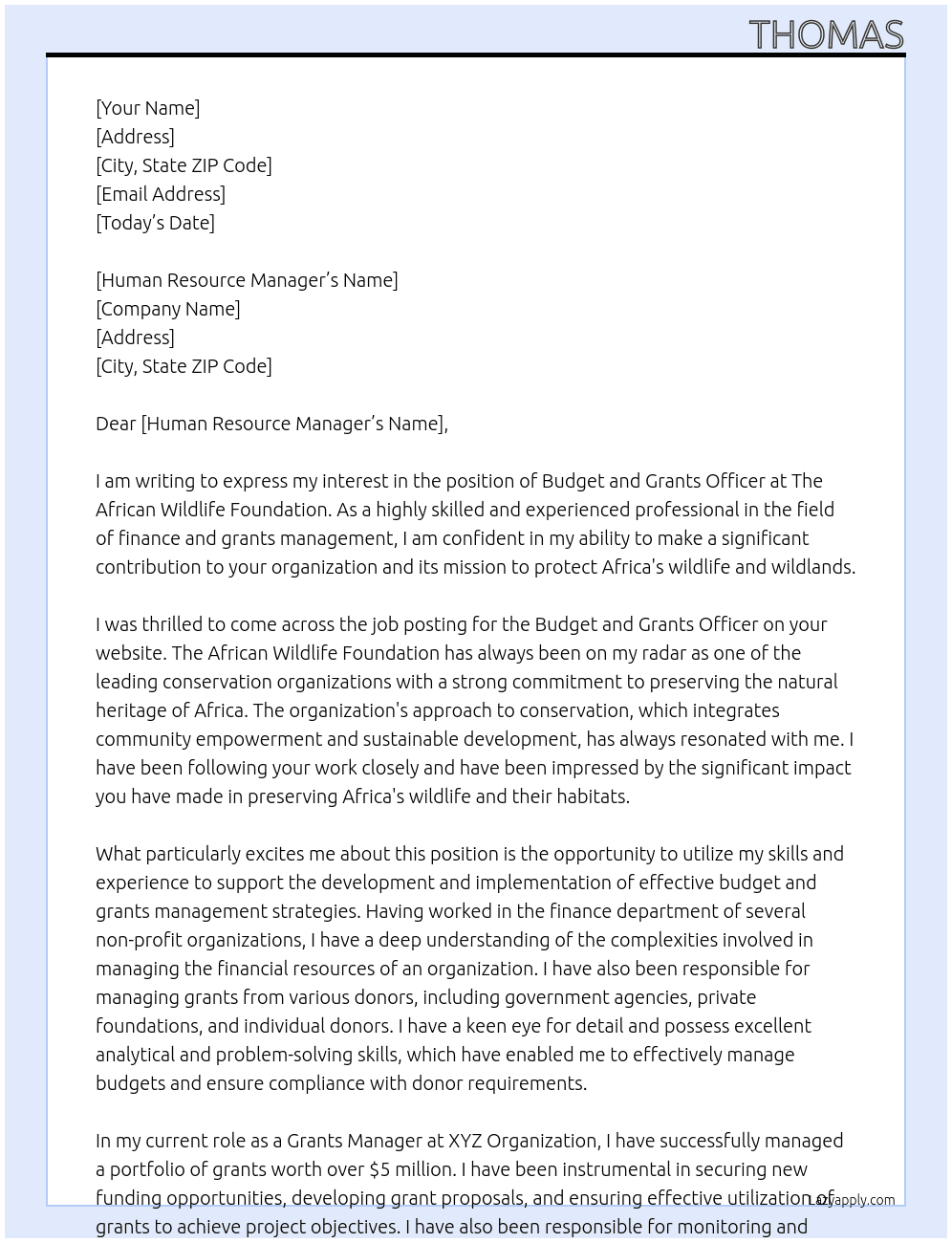 Budget and Grants Officer At The African Wildlife Foundation Cover Letter