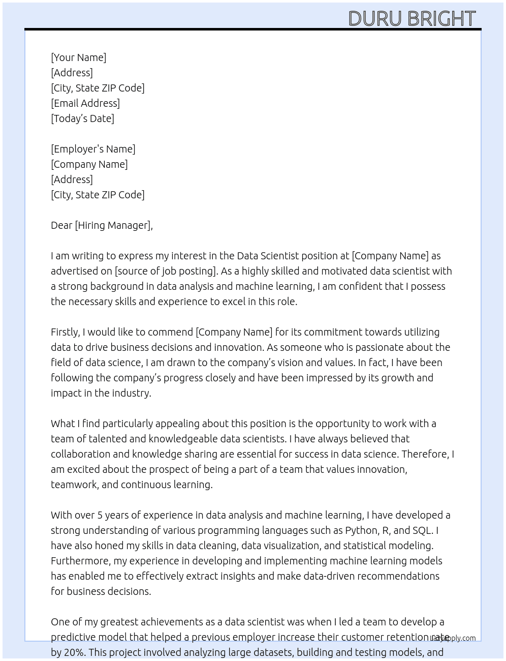 Data scientist  At Head of data scientist  Cover Letter